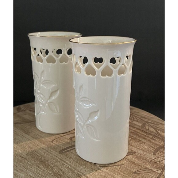 Lenox Special Collection Rose Floral Pierced Hearts 6" Vase Gold Trim Lot of 2 - Picture 2 of 9